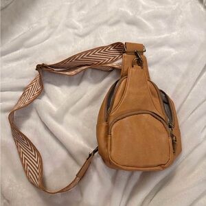 Tan Crossbody Bag with Patterned Strap